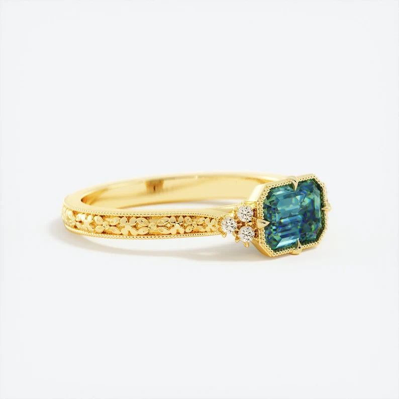 Solid Gold Teal Green Sapphire Engagement Ring (2892AB)