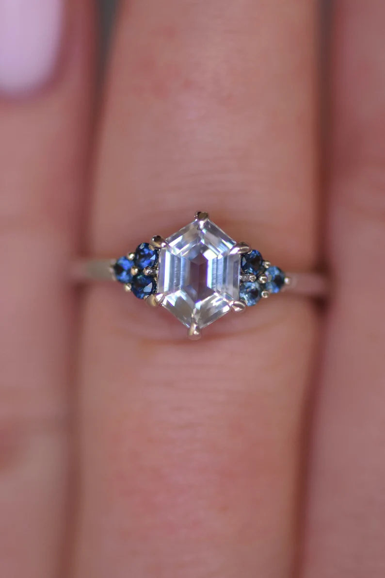 Solid Gold White Sapphire Hexagon Ring With Blue Montana Sapphires