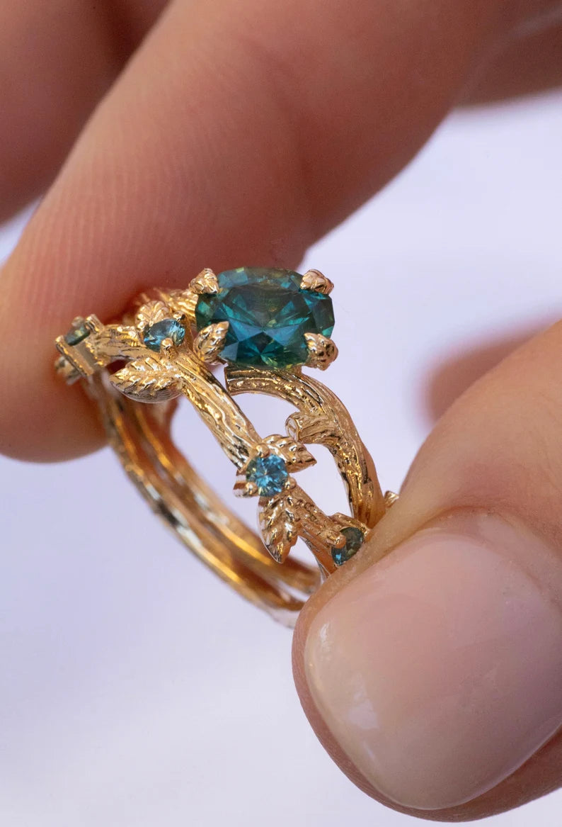 Solid Gold Leaf Twig Blue Green Montana Sapphire Ring Set