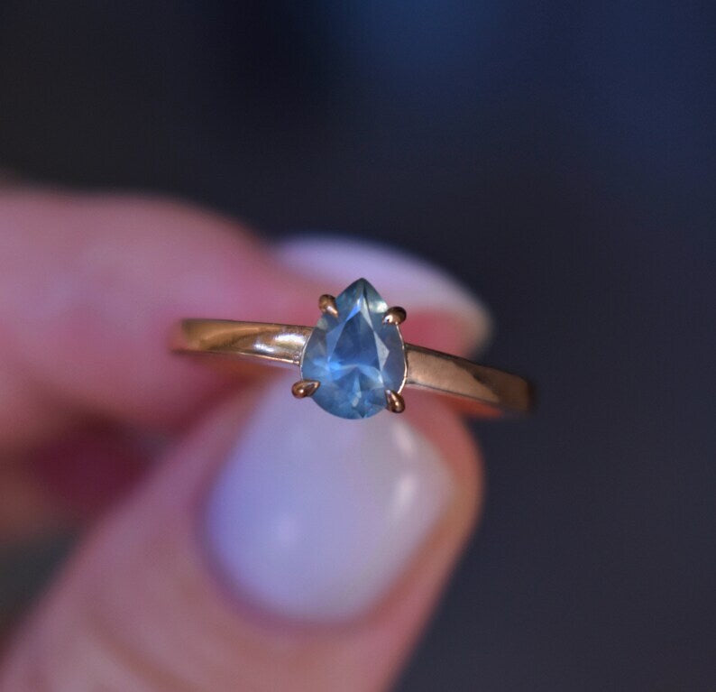 Solid Gold Pear Teal Montana Sapphire Solitaire Ring