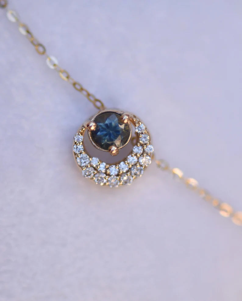 Solid Gold Sun and Moon Necklace Montana Sapphire and Diamonds