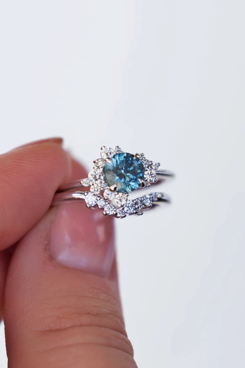 Solid Gold Teal Blue Sapphire and Diamond Cluster Engagement Ring Set