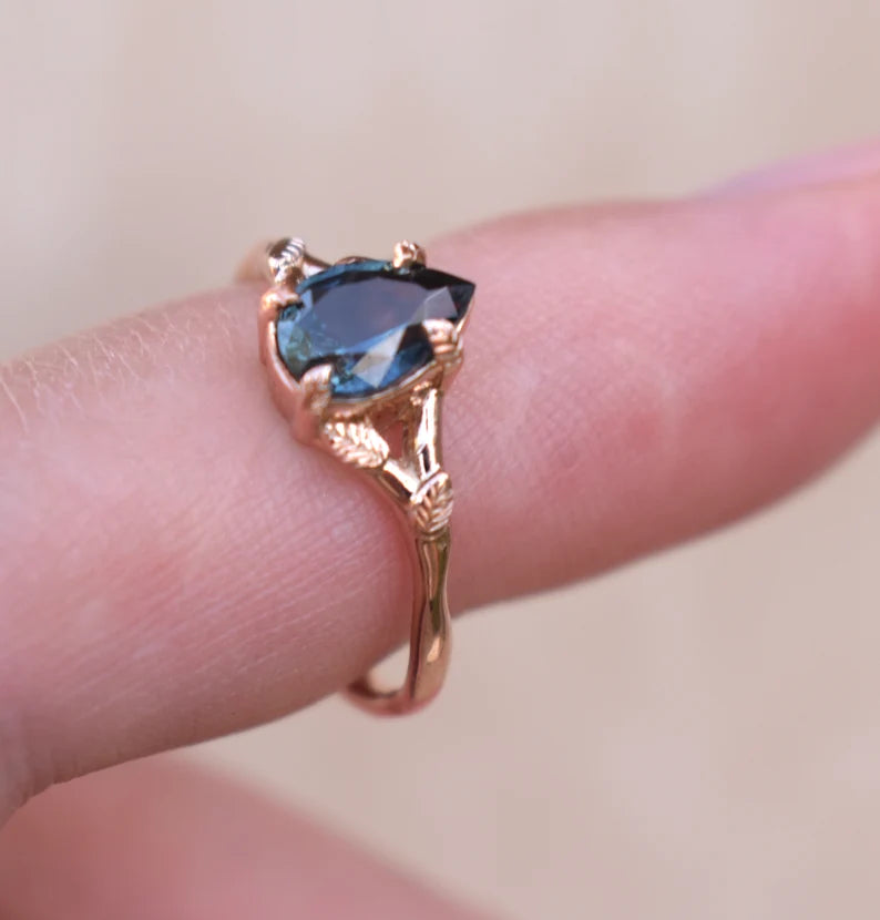 18K Solid Gold Leaf Engagement Ring With Montana Sapphire - Style B