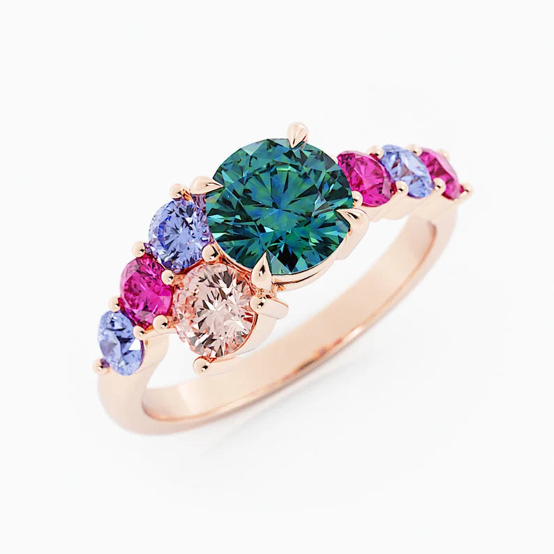 Solid Gold Rose Gold Teal Sapphire Rainbow Gemstone Cluster Ring