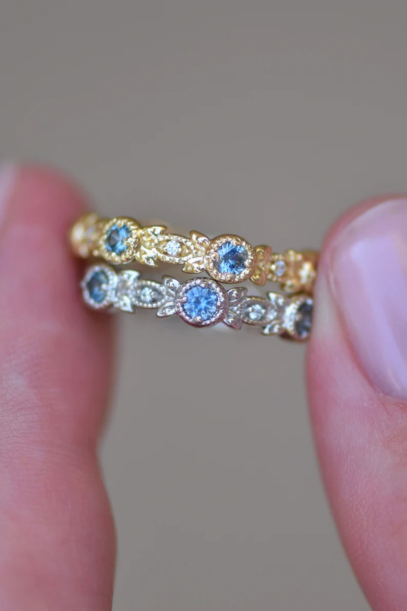 Solid Gold Floral Leaf Montana Sapphire Eternity Band Ring