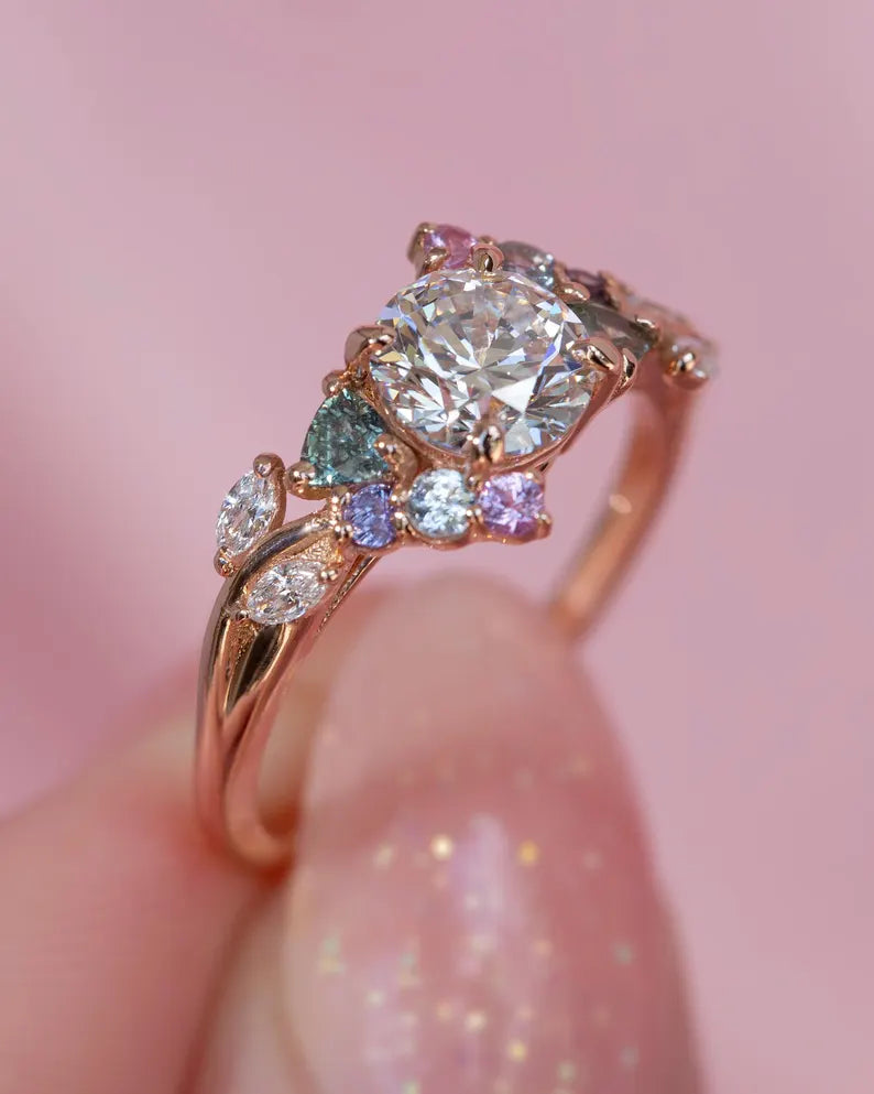 Solid Gold Nature Inspired Engagement Ring Diamond and Sapphire