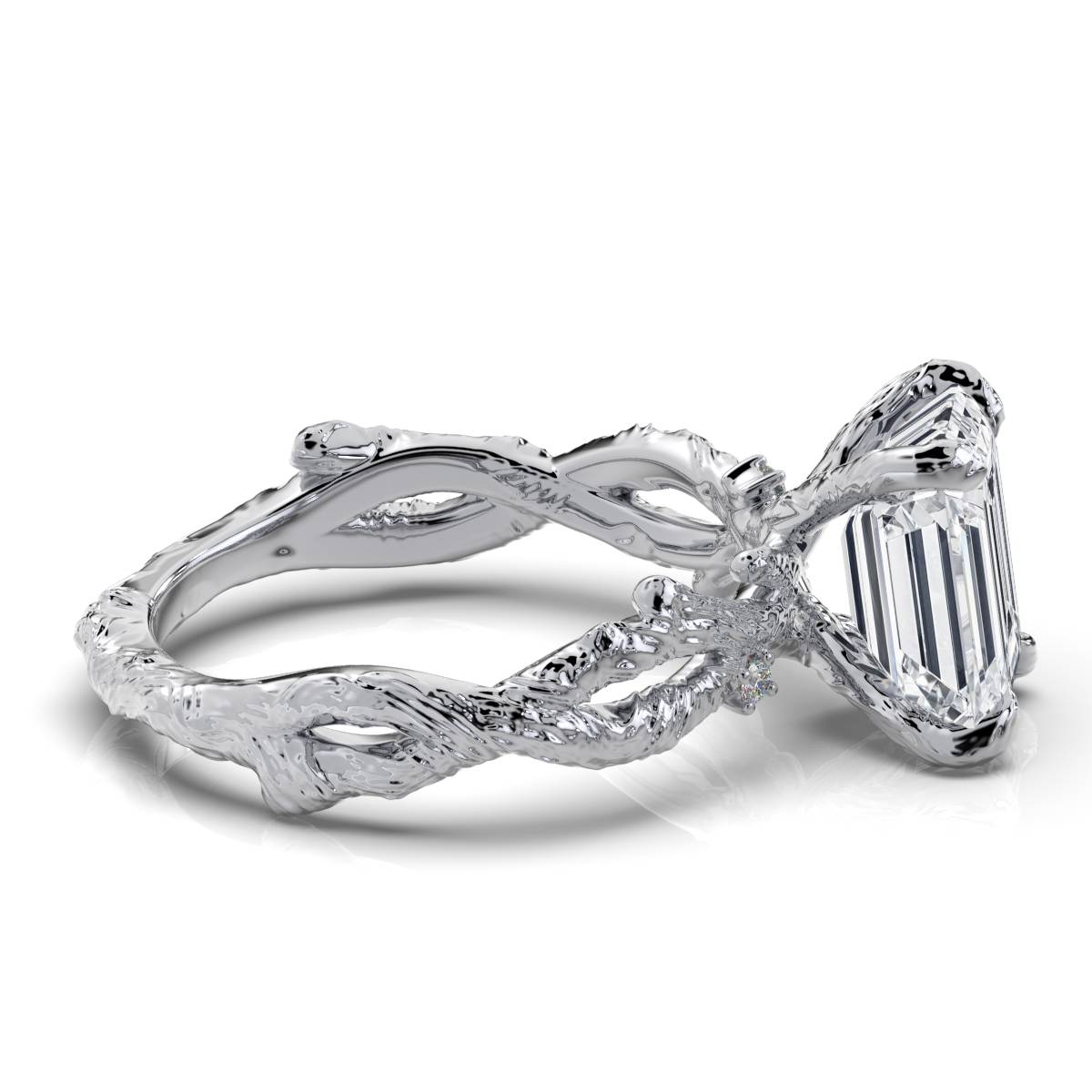 Solid Gold Engagement Ring 2 CT Emerald Cut Lab Grown Diamond Twisted Vine