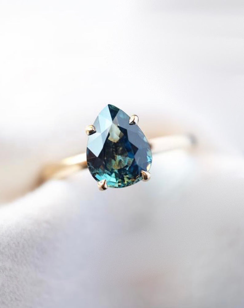 Solid Gold Pear Teal Montana Sapphire Solitaire Ring