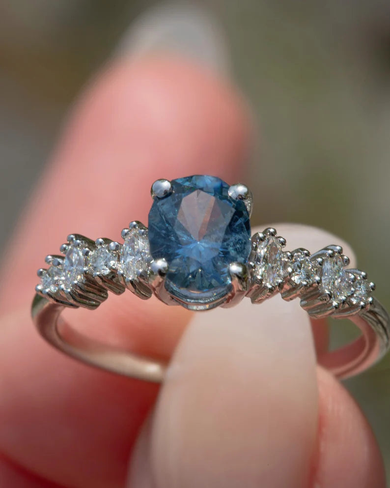 Solid Gold Montana Sapphire and Diamond Engagement Ring