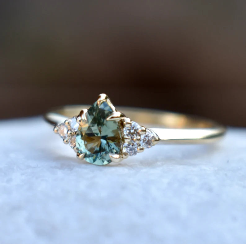 Solid Gold Pear Mint Green Montana Sapphire Ring