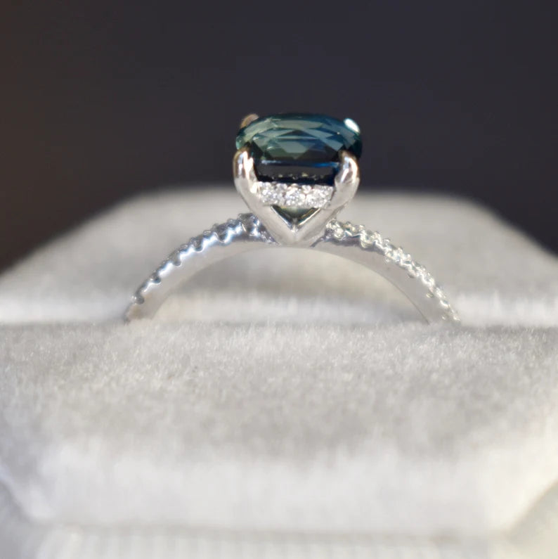 Solid Gold Teal Sapphire Hidden Halo Diamond Engagement Ring