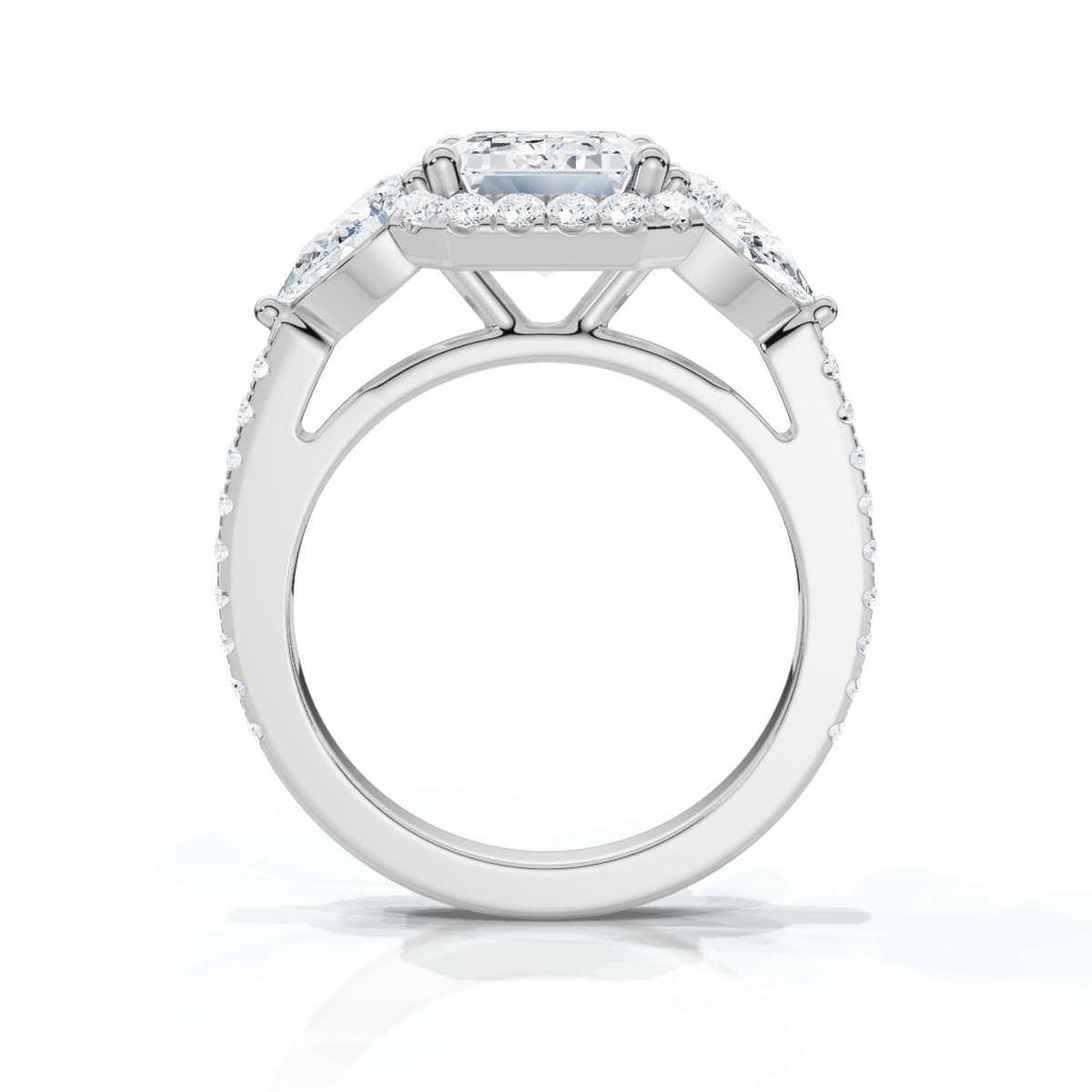 Solid Gold Engagement Ring 2 CT Emerald Cut Three Stone Pear Lab Grown Diamond