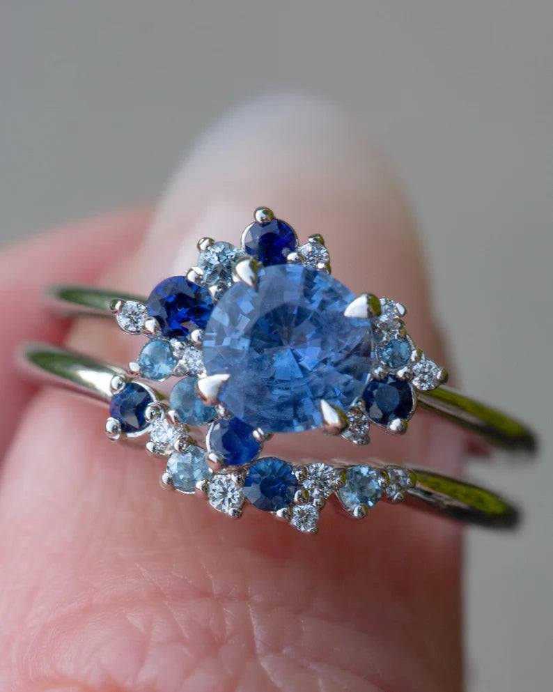 Solid Gold Round Blue Sapphire Diamond Ring Set
