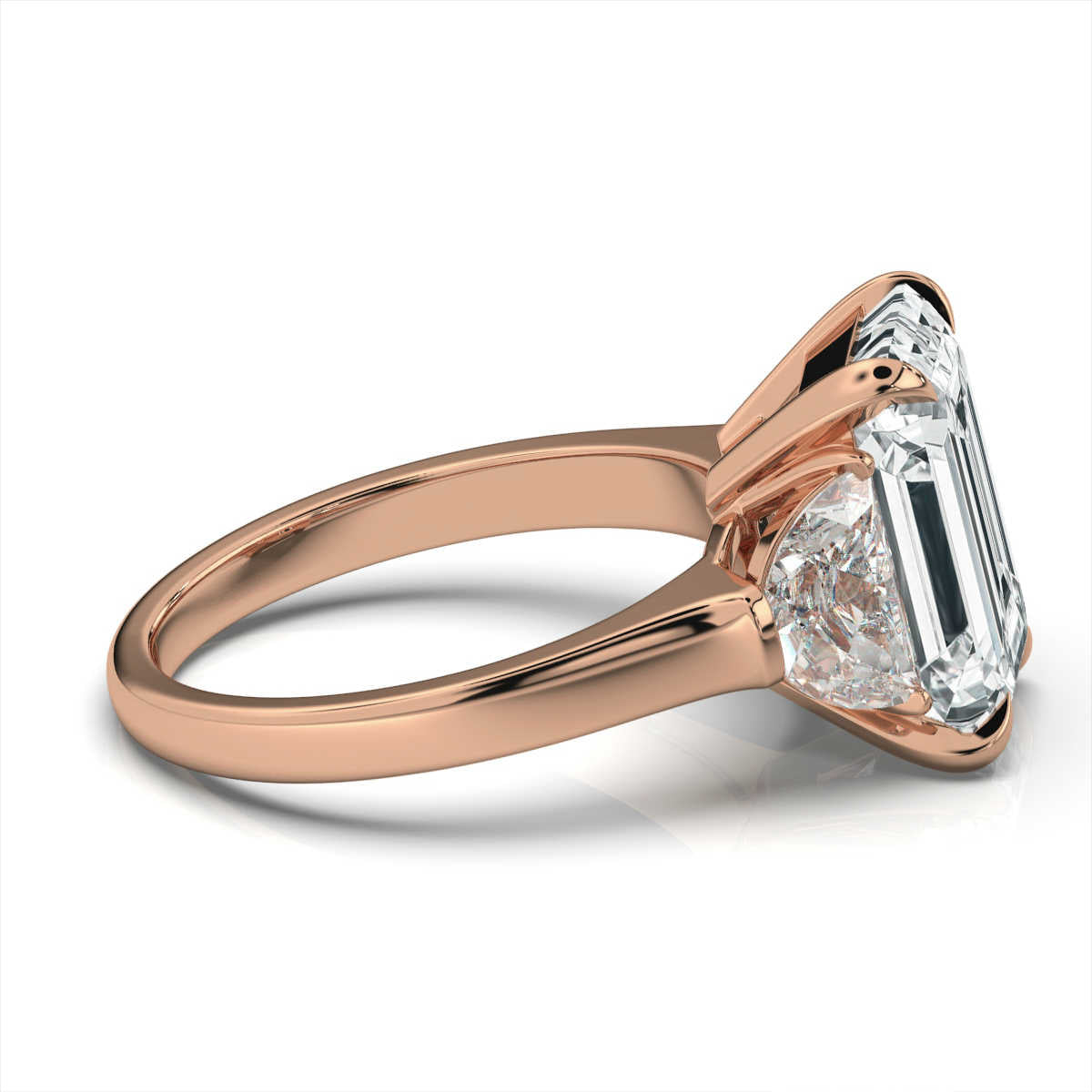 Solid Gold Emerald Cut & Half Moon Lab Diamond Three Stone Ring