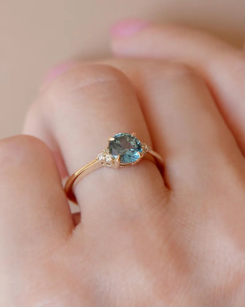 Solid Gold Round Teal Montana Sapphire Engagement Ring