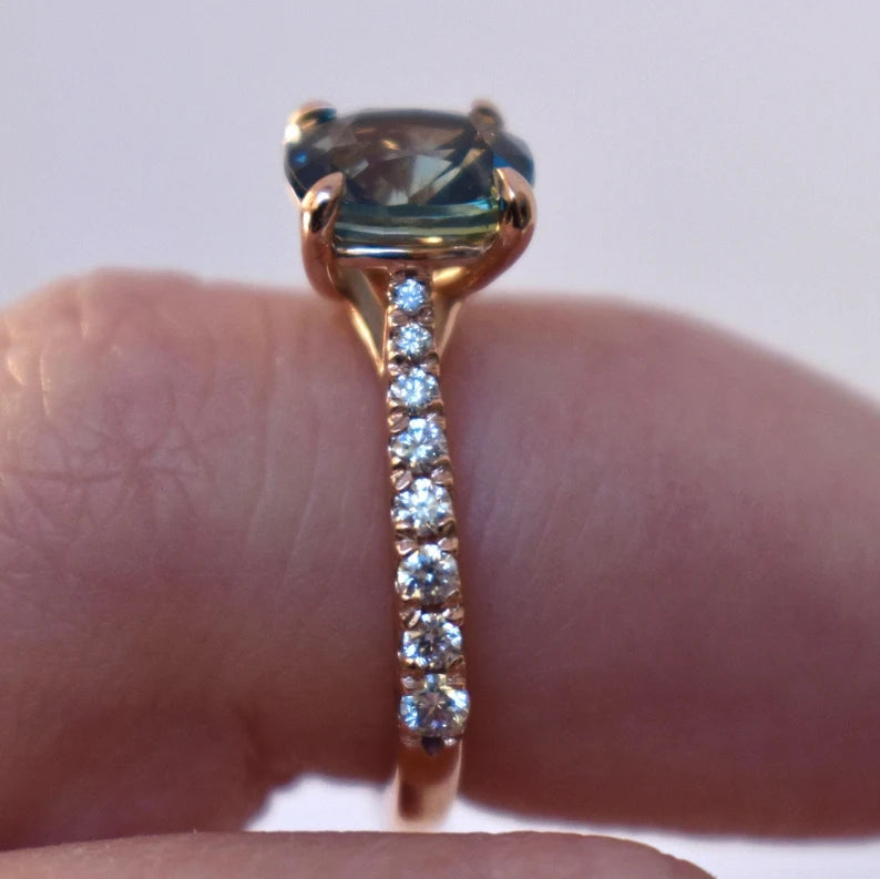 Solid Gold Teal Sapphire Diamond Engagement Ring