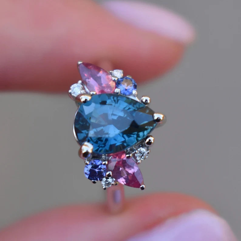 Solid Gold Teal Blue Pear Sapphire Engagement Ring