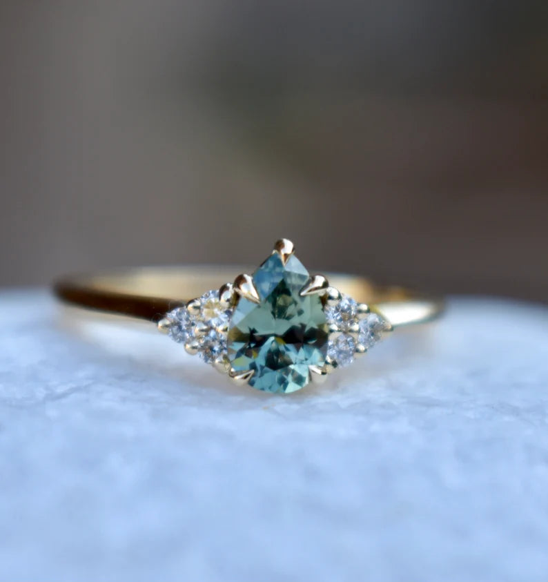 Solid Gold Pear Mint Green Montana Sapphire Ring