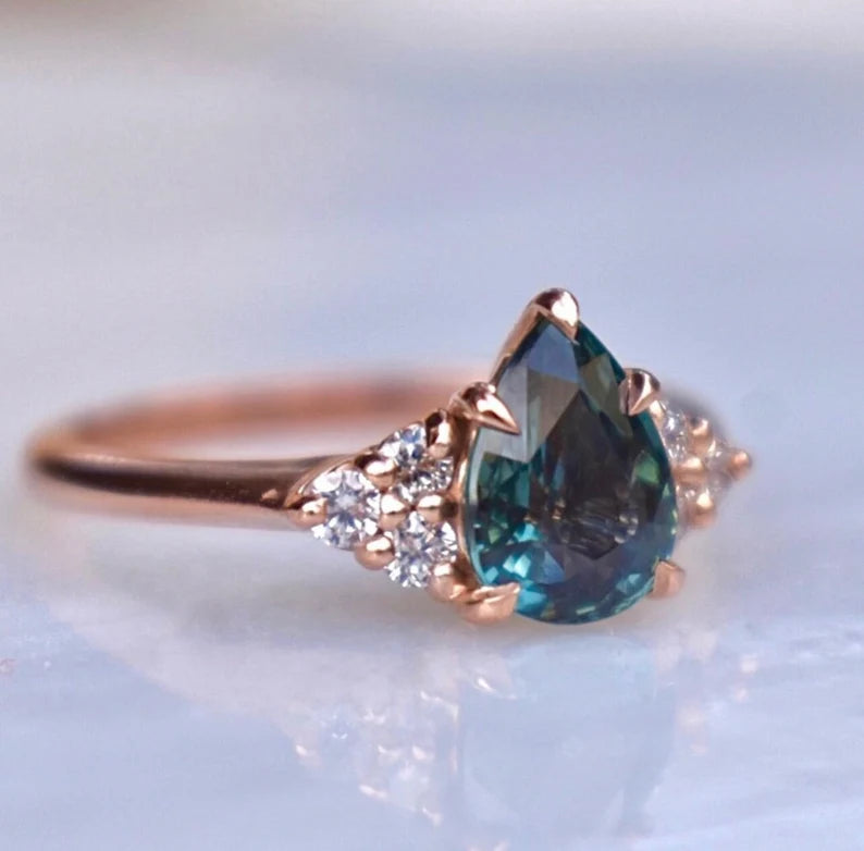 Solid Gold Teal Sapphire Engagement Ring Pear Shape