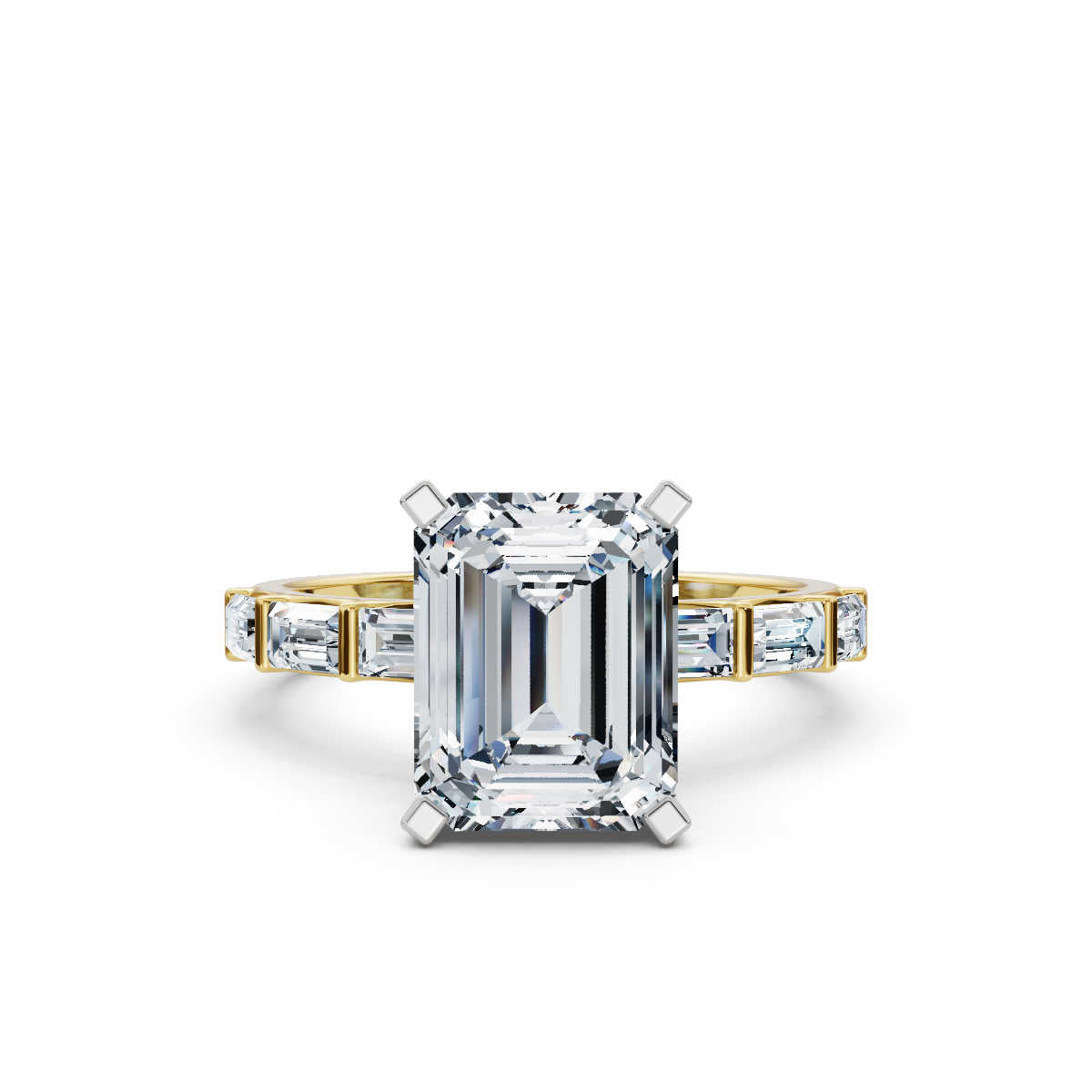 Solid Gold Emerald Cut Lab Grown Diamond Engagement Ring with Baguette