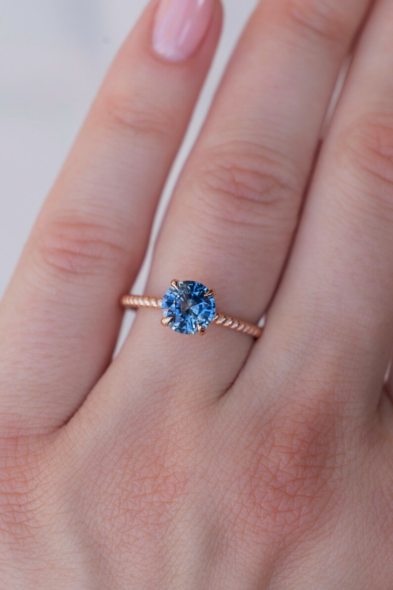 Solid Gold Pastel Blue Sapphire Hidden Halo Diamond Engagement Ring (00045E)