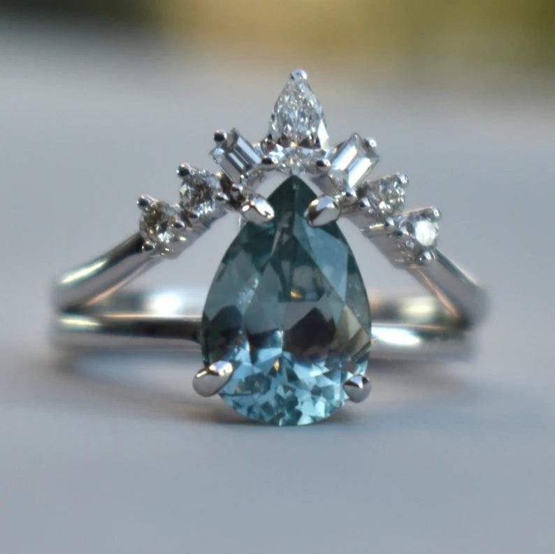 Solid Gold Aqua Blue Sapphire Engagement Ring Set