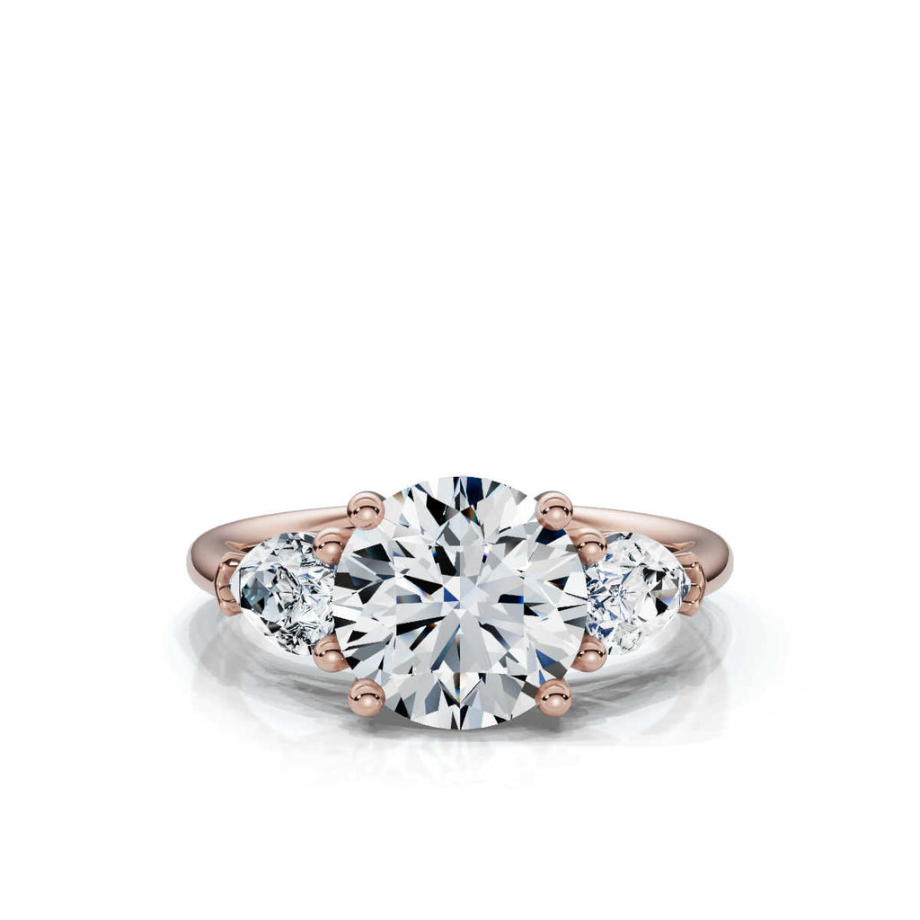 Solid Gold Three Stone Pear & Round Lab Grown Diamond Engagement Ring