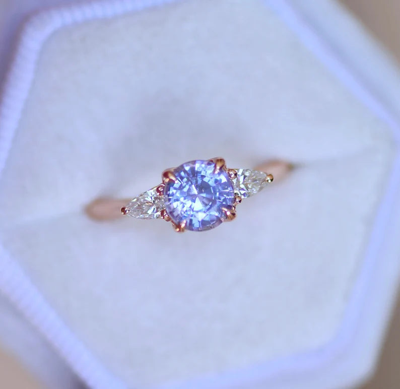 Solid Gold Engagement Ring Pastel Purple Sapphire and Pear Shape Diamonds