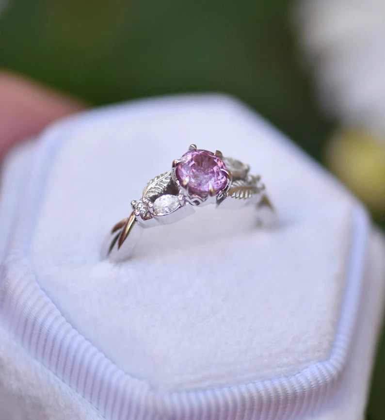 Solid Gold Nature Inspired Leaf Ring Pink Sapphire and Diamonds