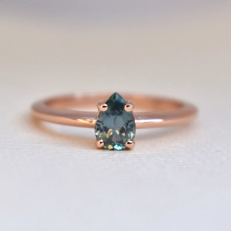 Solid Gold Teal Blue Montana Sapphire Ring Pear Shape