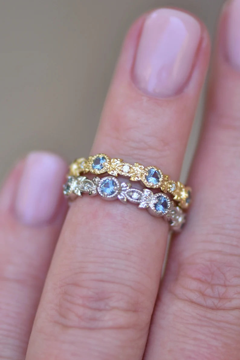 Solid Gold Floral Leaf Montana Sapphire Eternity Band Ring