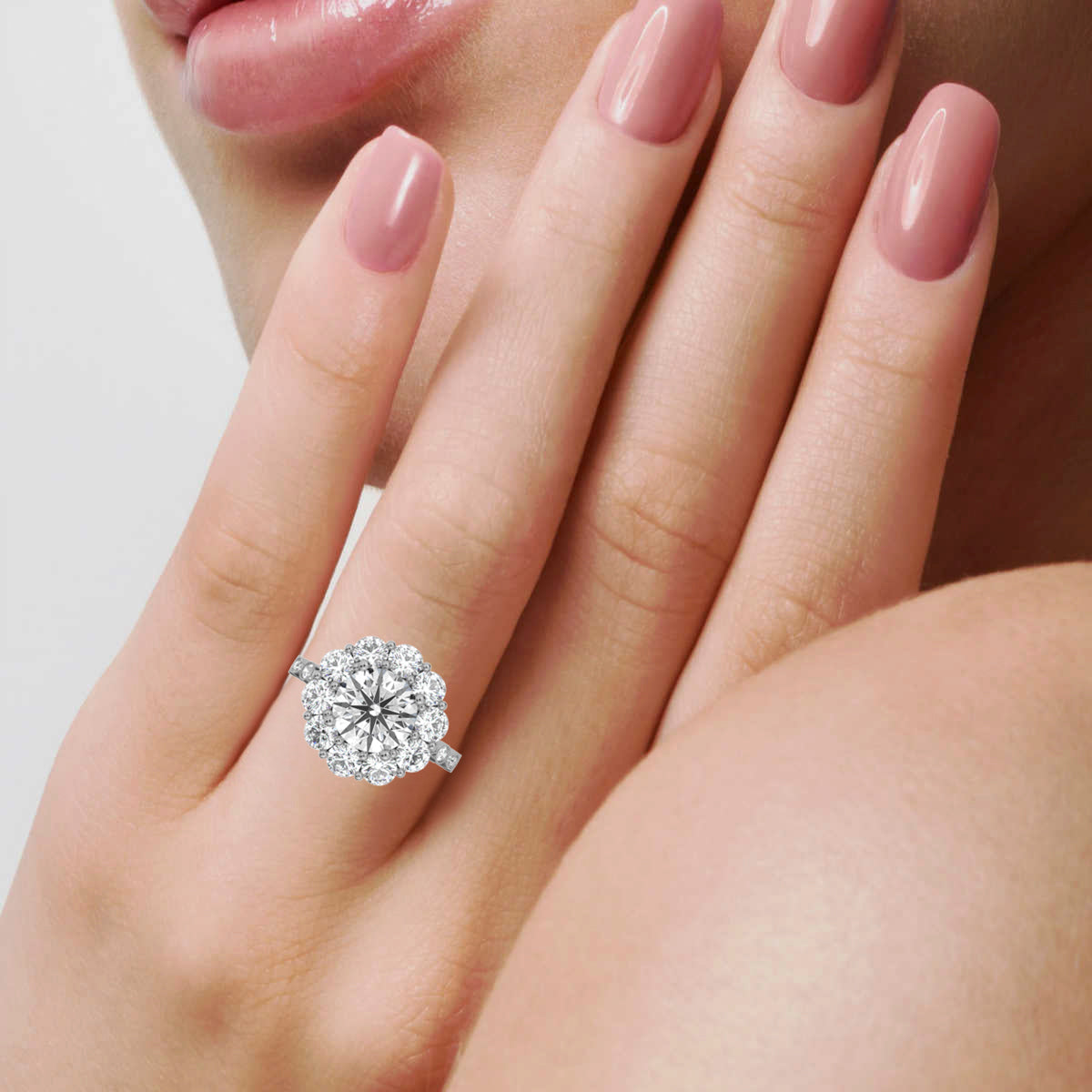 18K Solid Gold 2 CT Round Diamond Ring with Halo Accents