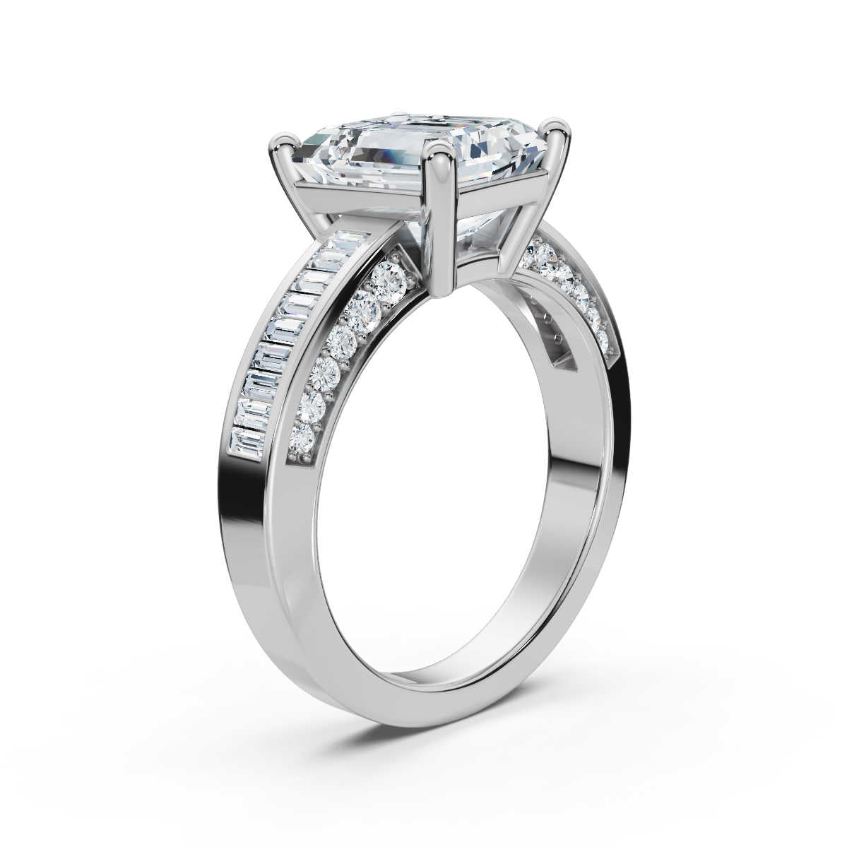 Solid Gold Emerald Cut Lab Grown Diamond Engagement Ring with Channel Set Ba
