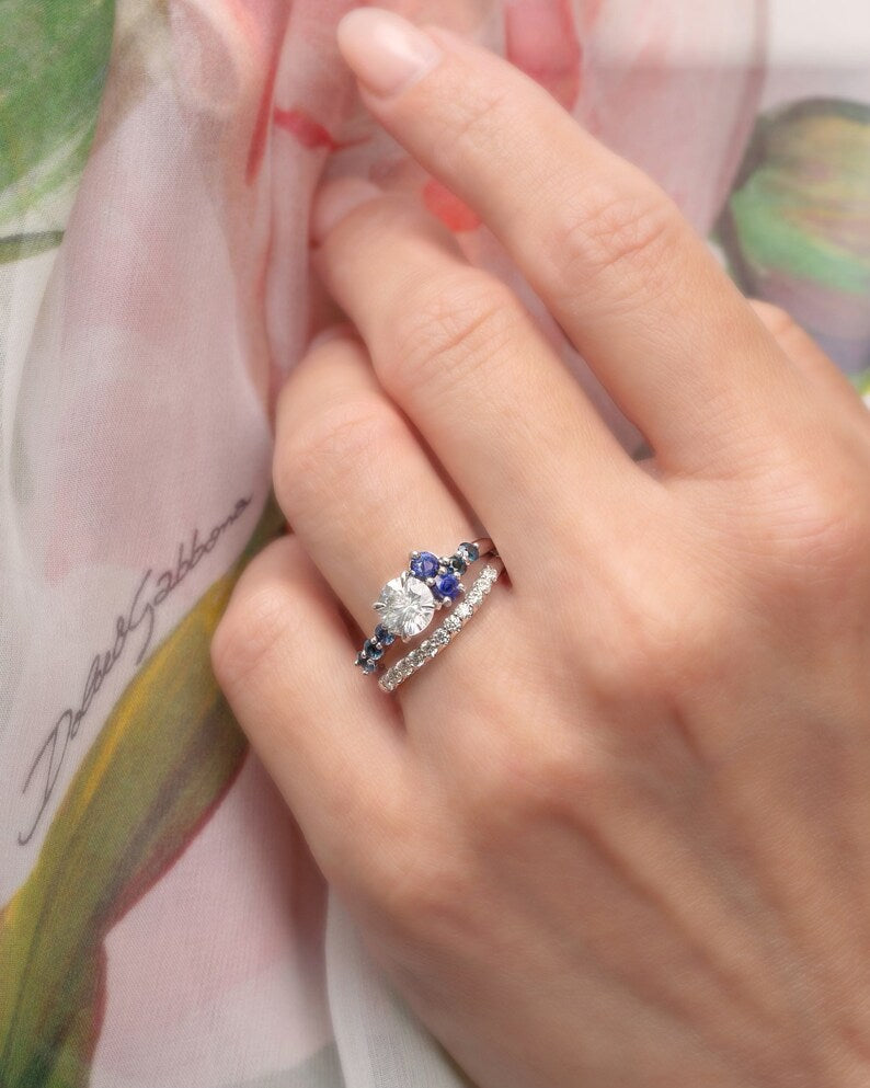 Solid Gold White Sapphire Engagement Ring Set