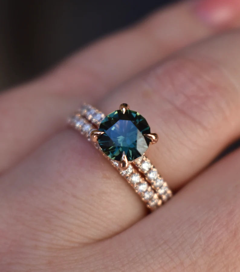 Solid Gold Teal Green Sapphire and Diamond Engagement Ring Set