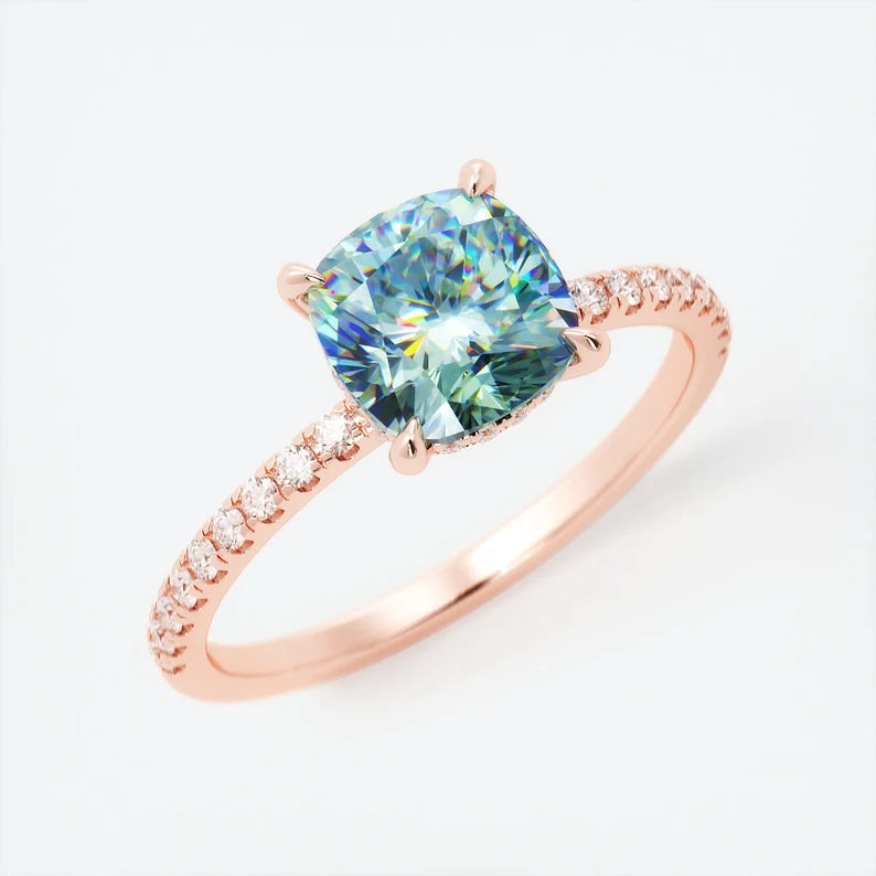 18K Solid Gold 1.2 CT Teal Sapphire Hidden Halo Diamond Engagement Ring