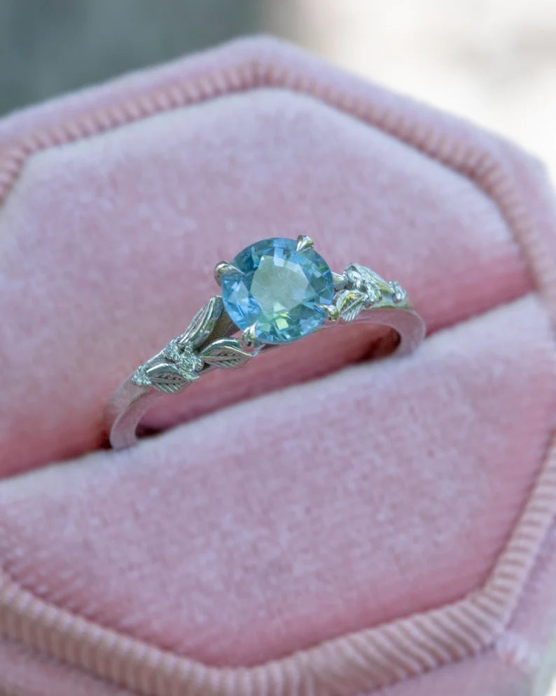 Solid Gold Pastel Blue Sapphire Ring Leaf Engagement Ring