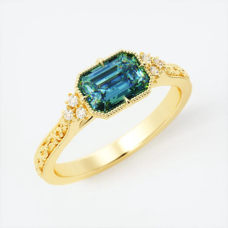 Solid Gold Teal Green Sapphire Engagement Ring (2892AB)