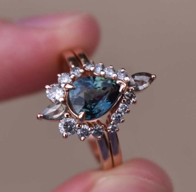 Solid Gold Teal Sapphire Ring Set Salt and Pepper Diamonds