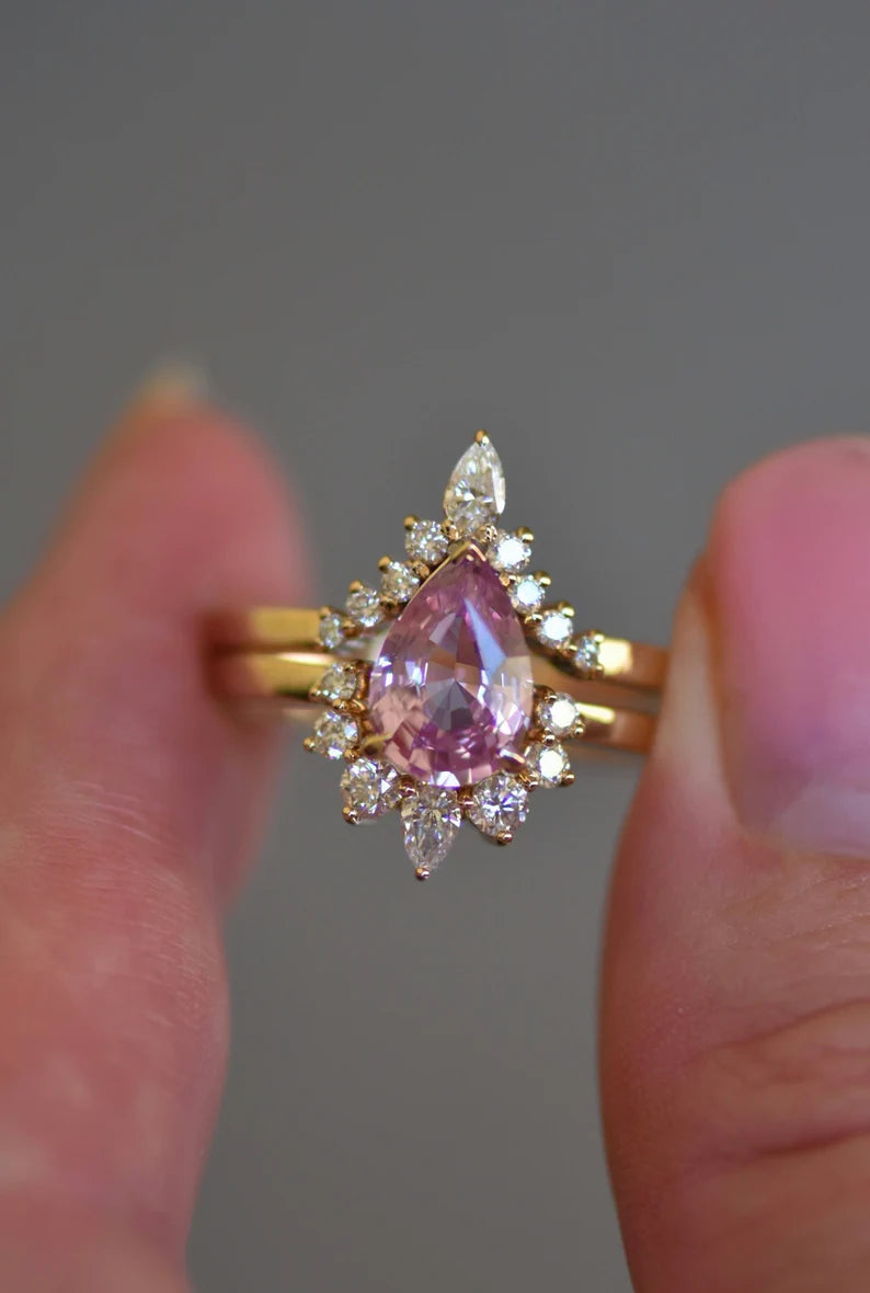Solid Gold Pink Sapphire and Diamond Engagement Ring Set