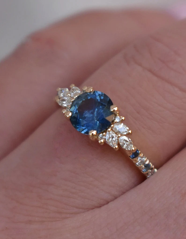 Solid Gold Teal Blue Montana Sapphire Cluster Ring
