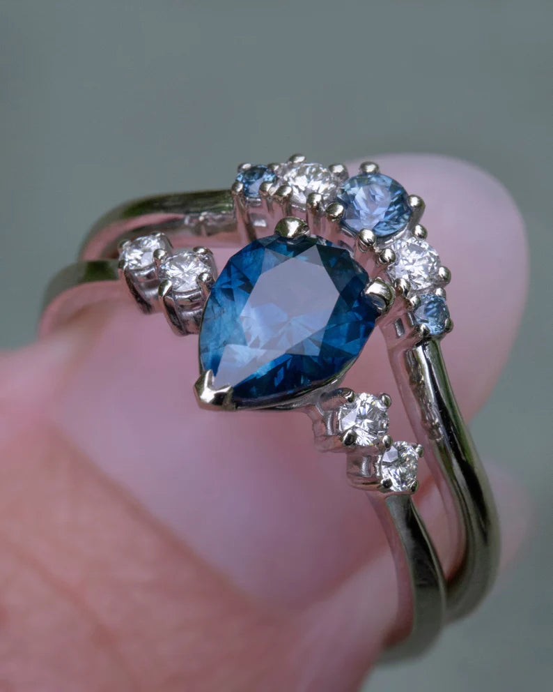 Solid Gold White Gold Pear Teal Blue Montana Sapphire Ring Set