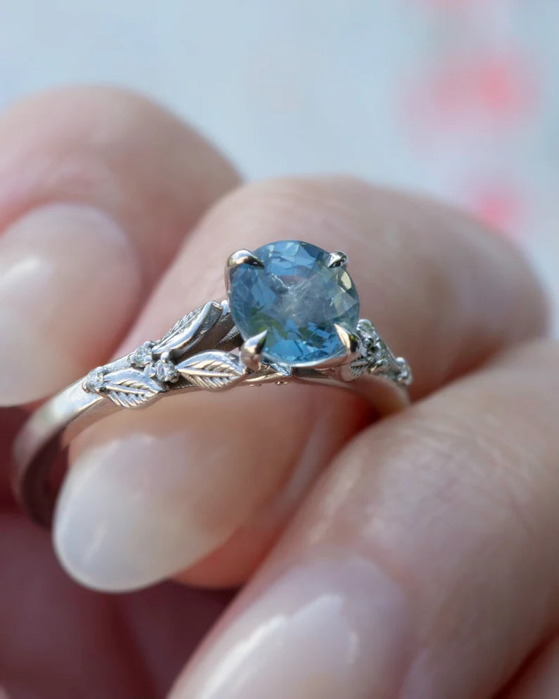 Solid Gold Pastel Blue Sapphire Ring Leaf Engagement Ring