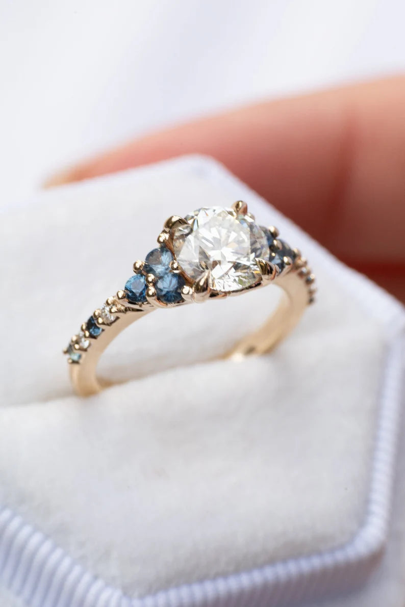 18K Solid Gold Natural Diamond and Sapphire Engagement Ring - Style A