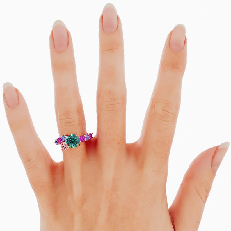 Solid Gold Rose Gold Teal Sapphire Rainbow Gemstone Cluster Ring