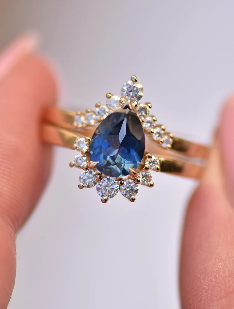 Solid Gold Pear Teal Montana Sapphire Sunburst Halo Ring