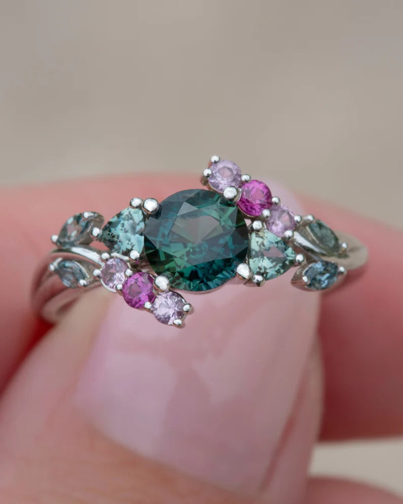 Solid Gold Engagement Ring Enchanted Garden Teal Green Sapphire Cluster