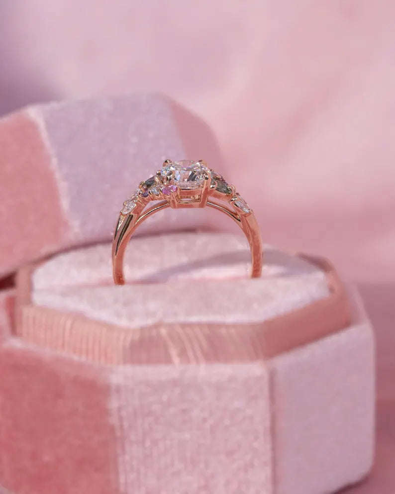 Solid Gold Nature Inspired Engagement Ring Diamond and Sapphire