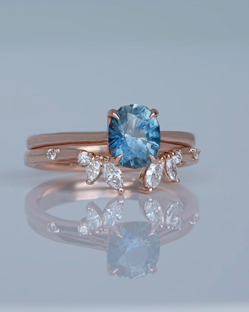 Solid Gold Oval Montana Sapphire Solitaire Ring Set