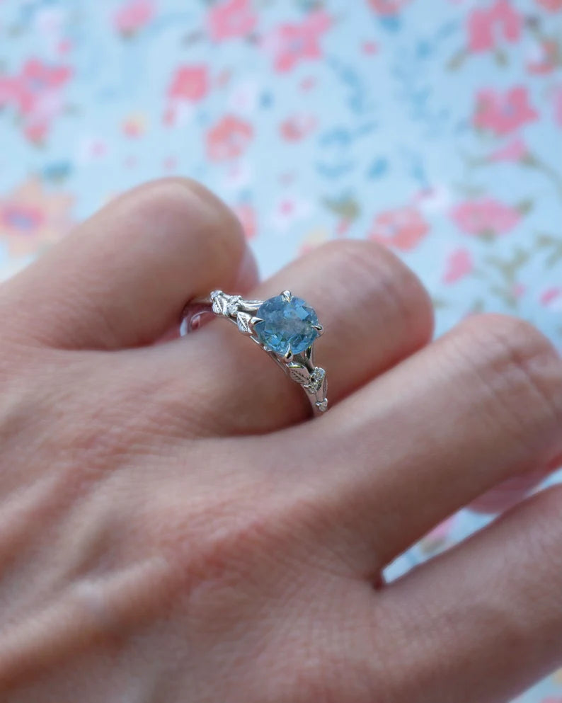 Solid Gold Pastel Blue Sapphire Ring Leaf Engagement Ring